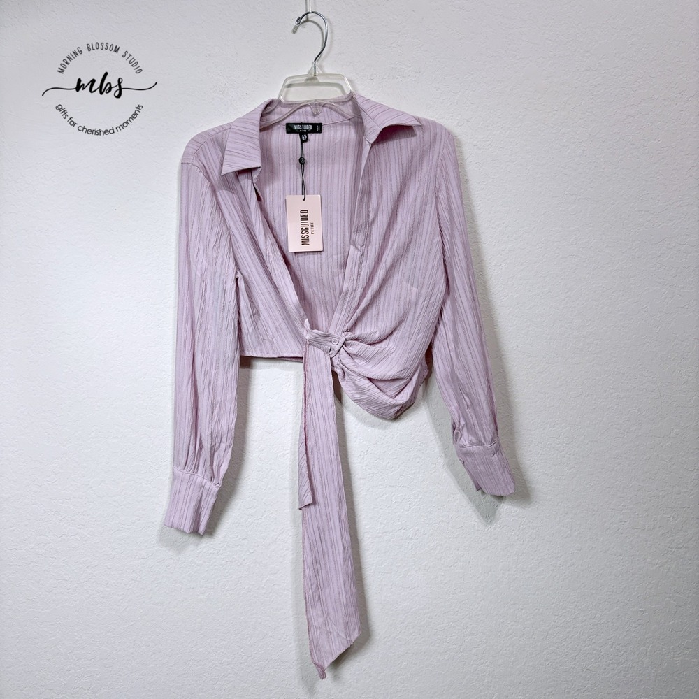 NWT Missguided Tie Front Crop Textured Y2K Shirt Coquette Pink Women‎ 6